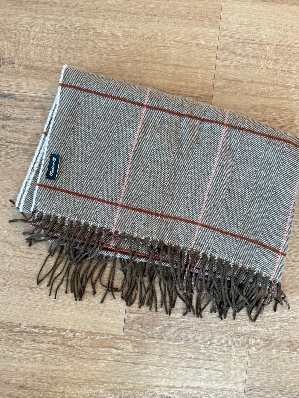 Madewell Brown Herringbone Plaid Fringe Scarf